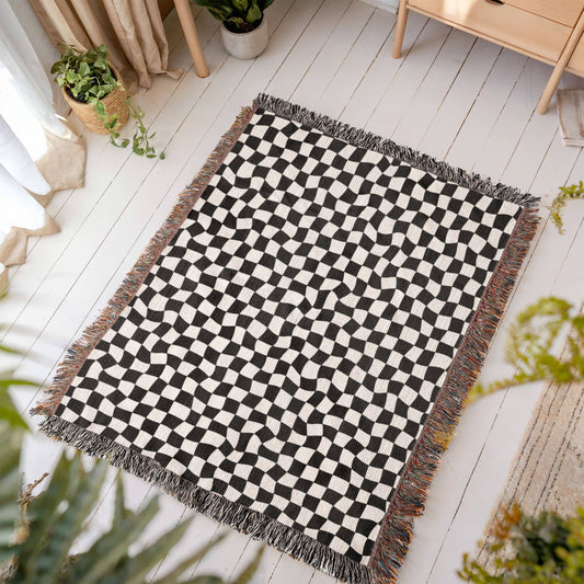 Wavy Checkered Woven Throw, Checkered Cotton Throw, Retro Woven Blanket