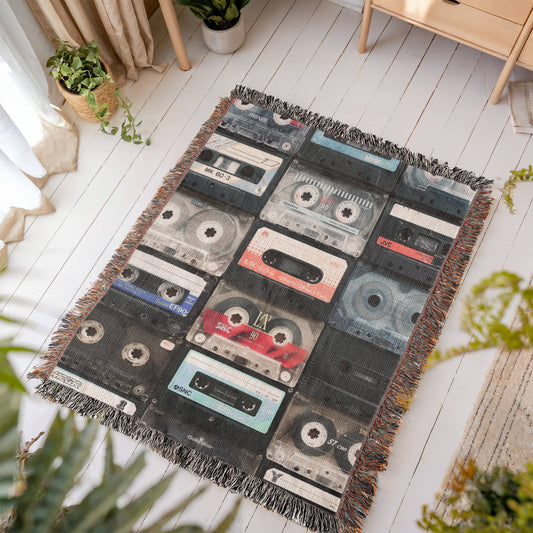 Retro Cassette Woven Throw, Mixtape Blanket, Gift for Music Lover